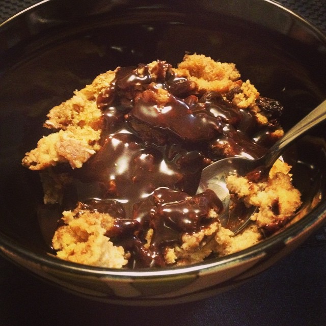 Followed by bread pudding with a chocolate sauce.